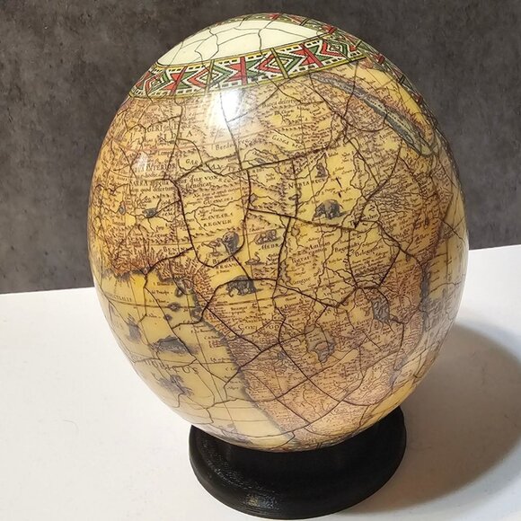Decoupage Ostrich Egg African Big Five Crackle Finish On Stand African Art - Picture 2 of 10